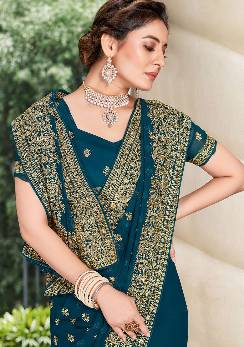 Teal Blue Work Georgette Saree Set with Sequin for Diwali | Wedding & Festive Wear - Indya