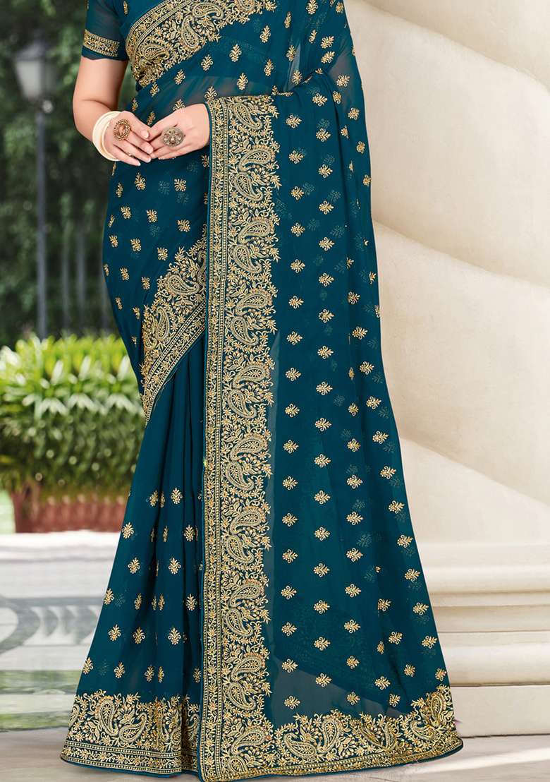 Teal Blue Sequin Work Georgette Saree Set - Indya