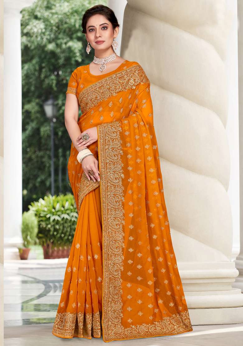 Mustard Sequin Work Georgette Saree Set for Diwali and Festive Wear - Indya