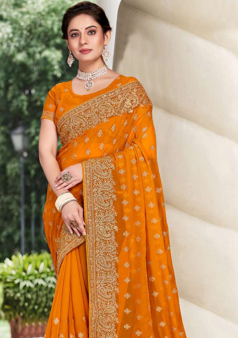 Mustard Sequin Work Georgette Saree Set - Indya