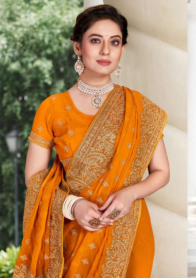 Mustard Sequin Work Georgette Saree Set for Diwali and Festive Wear - Indya