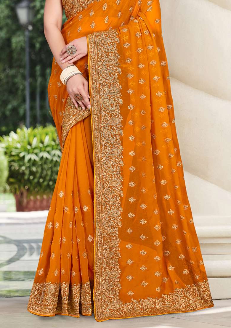 Mustard Sequin Work Georgette Saree Set - Indya