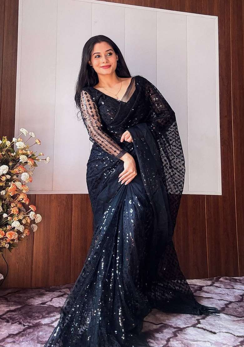 Black Net Saree Set with Embroidery for Diwali | Wedding & Festive Wear - Indya