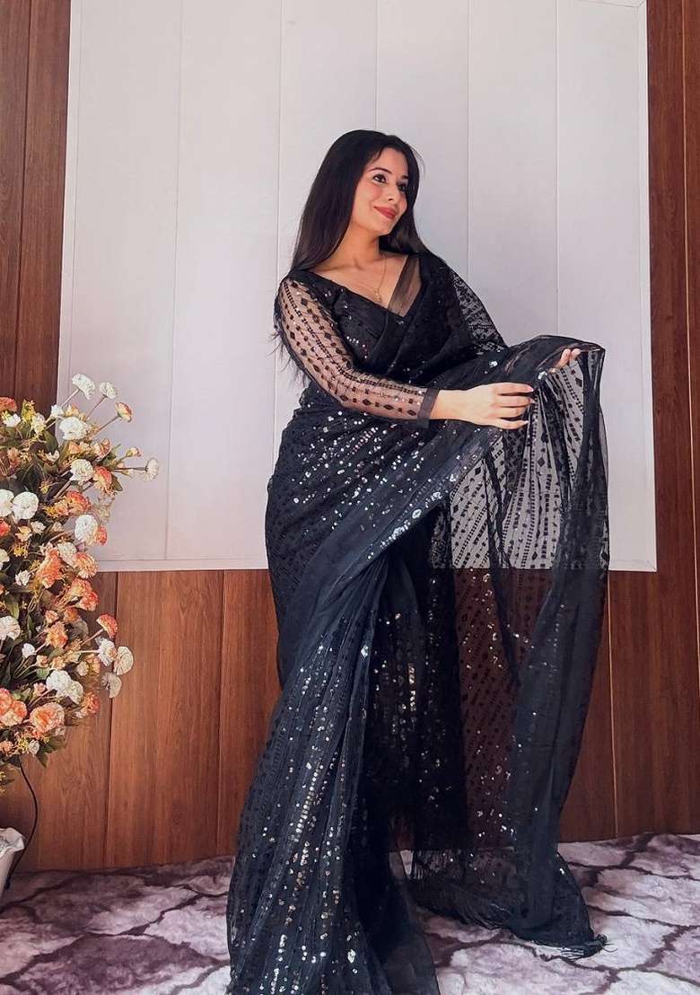 Black Net Saree Set with Embroidery for Diwali | Wedding & Festive Wear - Indya