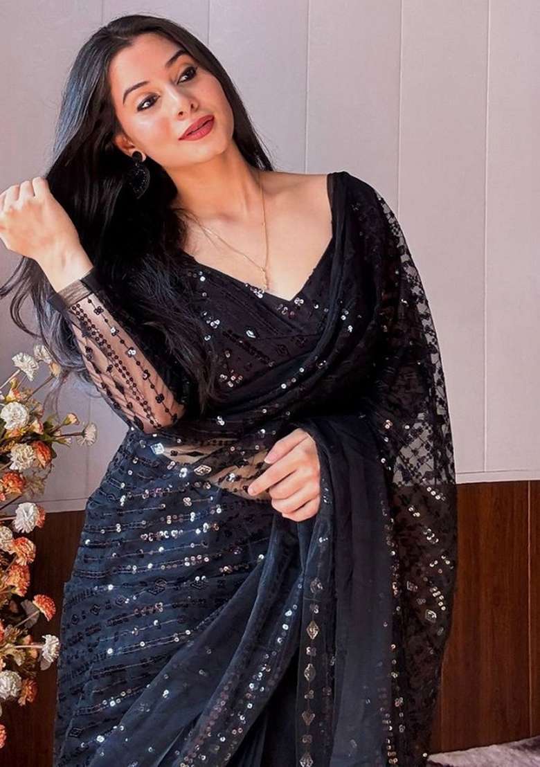 Black Net Saree Set with Embroidery for Diwali | Wedding & Festive Wear - Indya