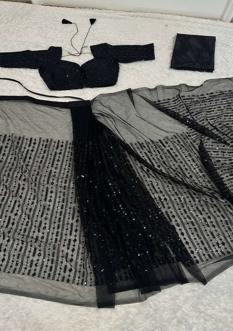 Black Net Saree Set with Embroidery for Diwali | Wedding & Festive Wear - Indya