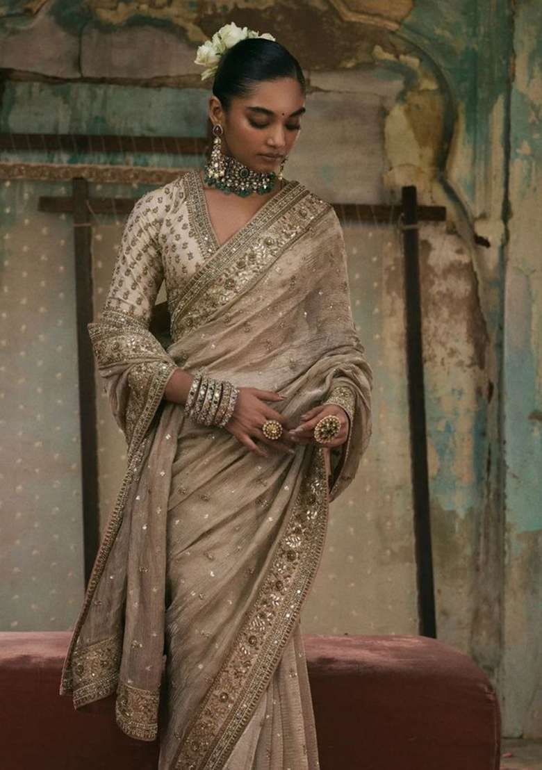 Golden Embroidery Silk Saree Set - Indya