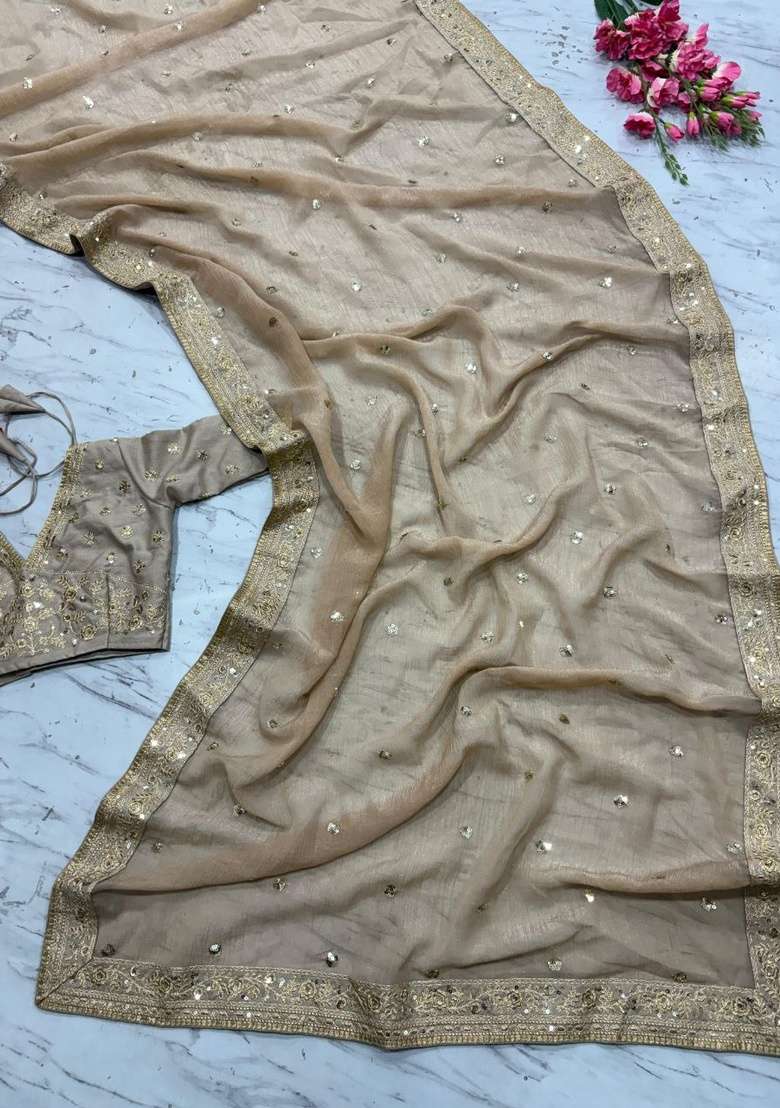 Golden Embroidery Silk Saree Set - Indya