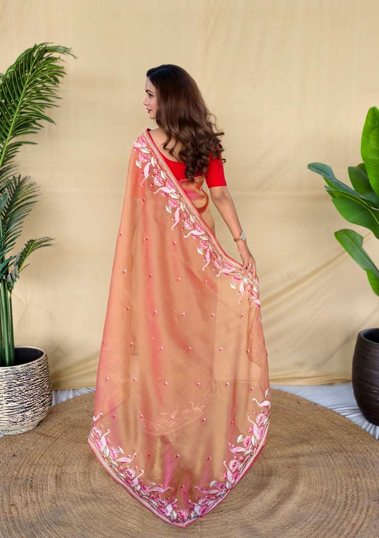 Orange Embroidery Silk Saree Set - Indya