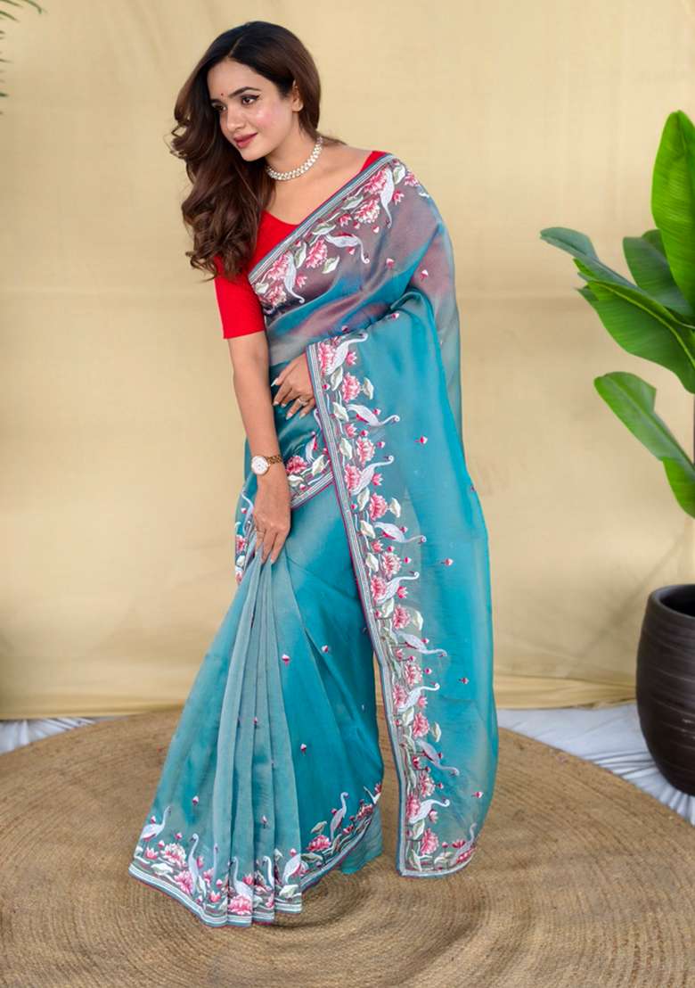 Sky Blue Embroidery Silk Saree Set - Indya