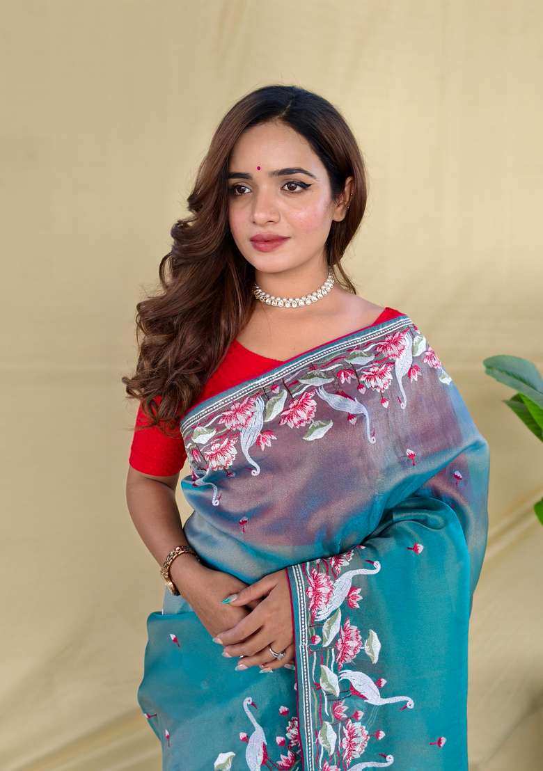 Sky Blue Embroidery Silk Saree Set - Indya