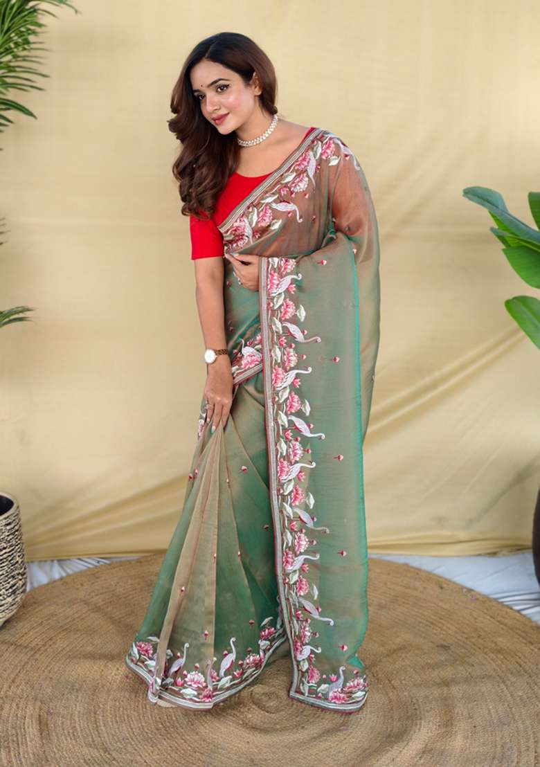 Green Embroidery Silk Saree Set - Indya