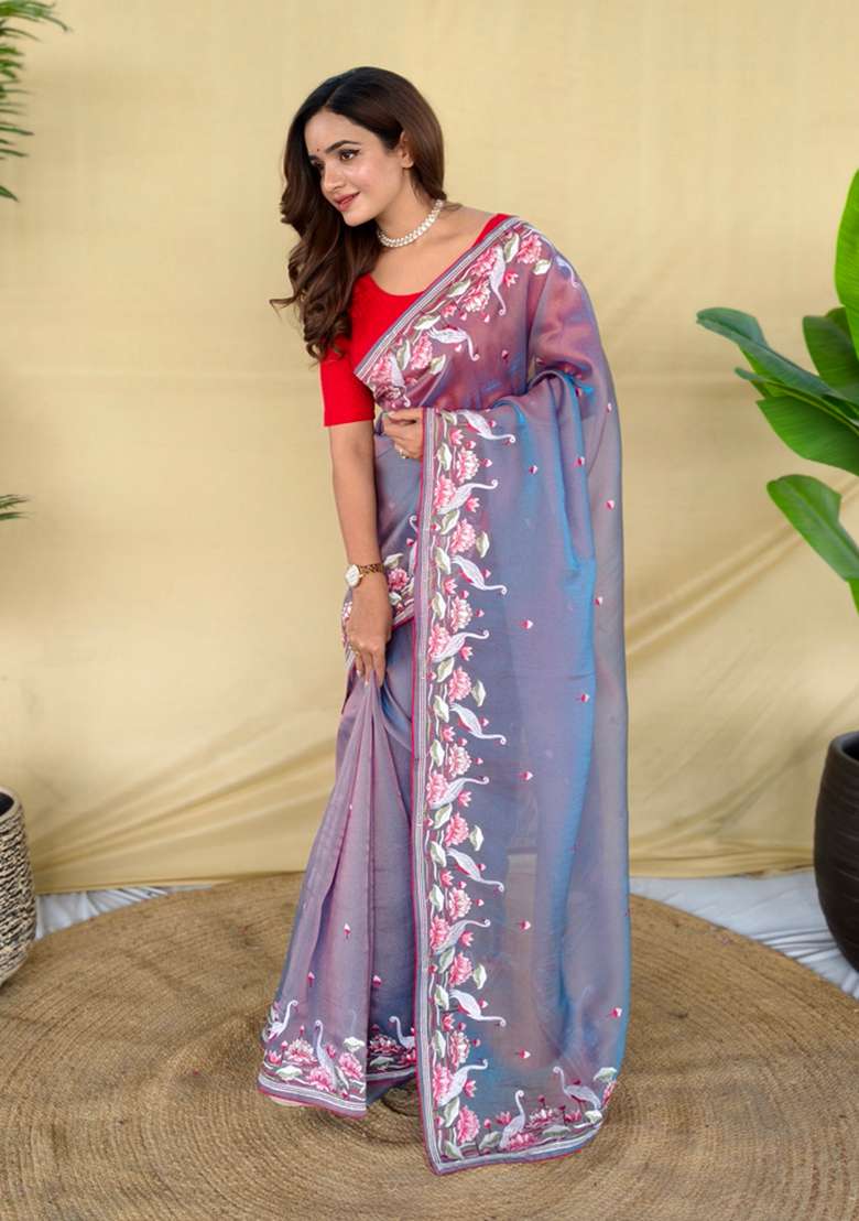 Lavender Embroidery Silk Saree Set - Indya