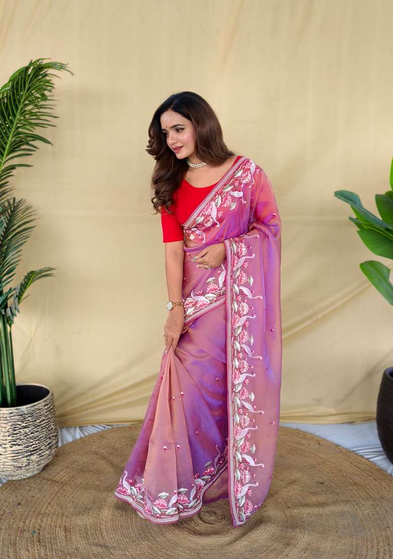 Pink Embroidery Silk Saree Set - Indya