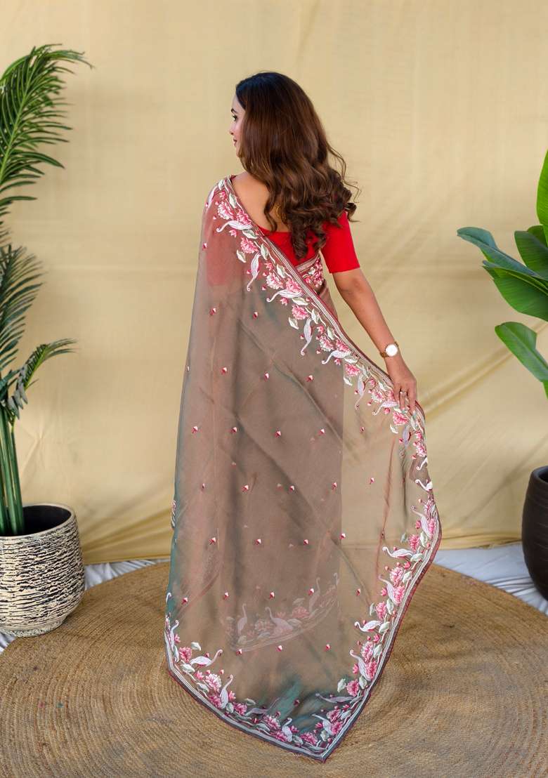 Light Brown Embroidery Silk Saree Set - Indya