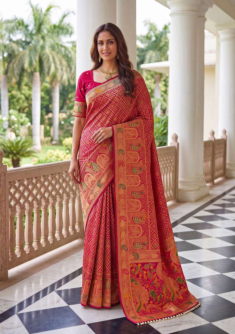 Magenta Embroidery Satin Saree Set for Diwali and Festive Wear - Indya