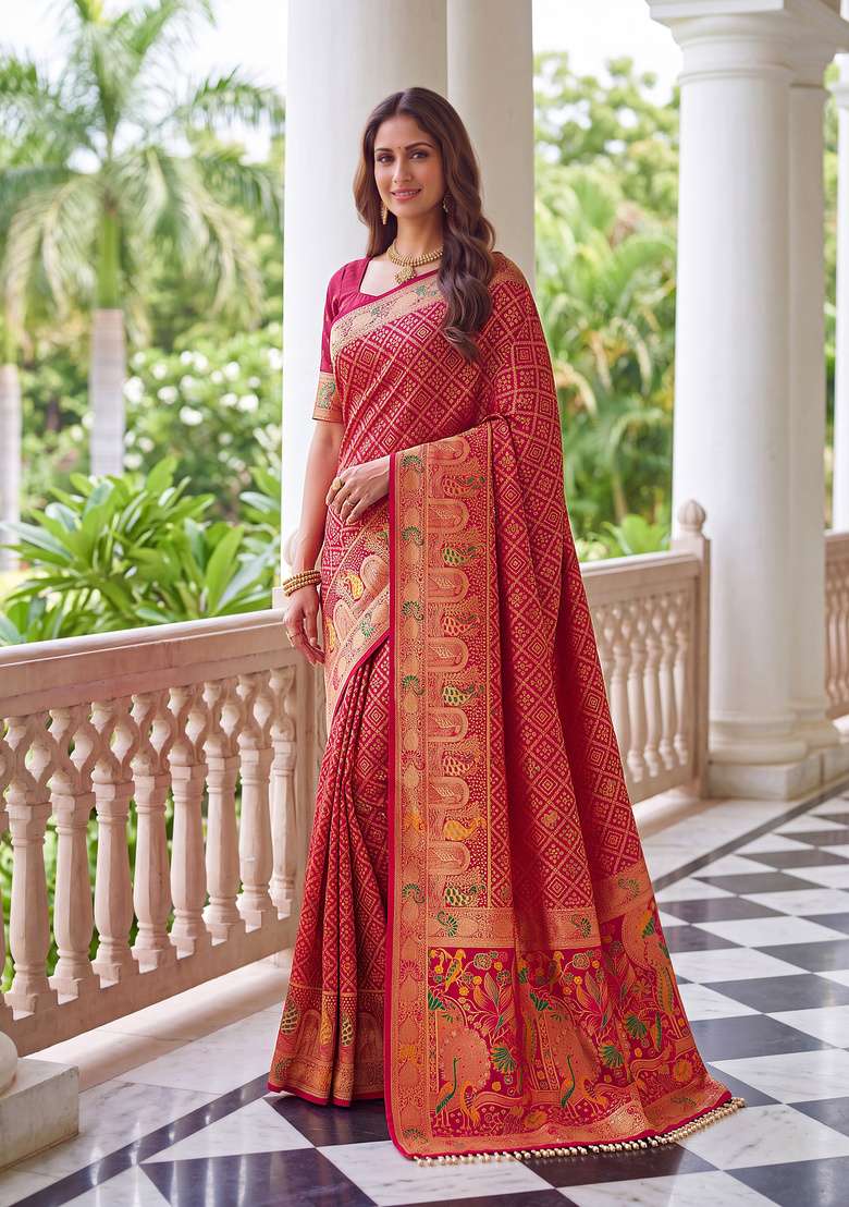 Magenta Embroidery Satin Saree Set for Diwali and Festive Wear - Indya