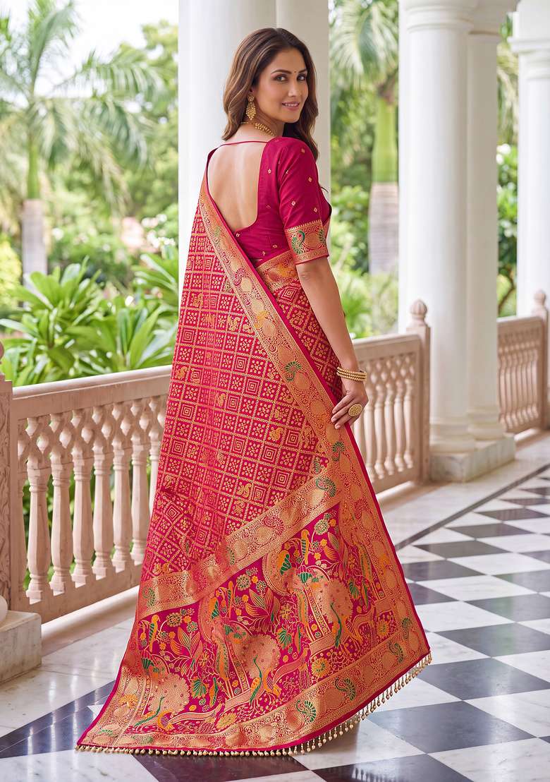 Magenta Embroidery Satin Saree Set for Diwali and Festive Wear - Indya