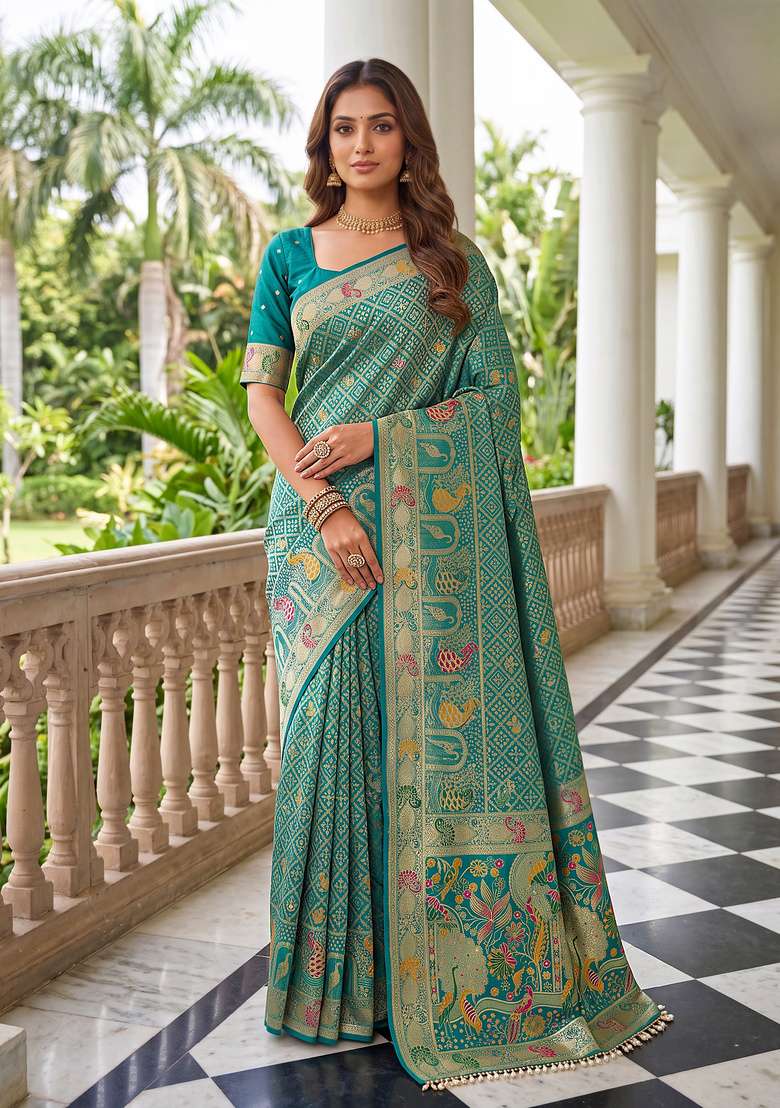 Sea Green Satin Saree Set with Embroidery for Diwali | Wedding & Festive Wear - Indya