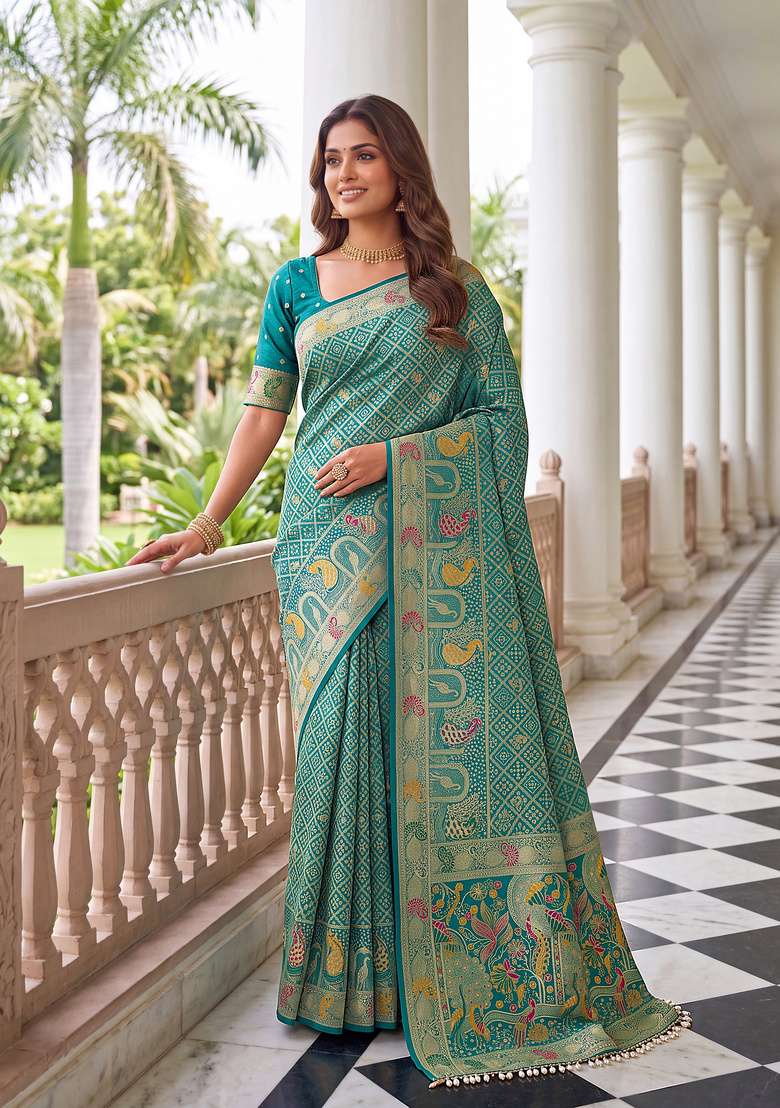 Sea Green Satin Saree Set with Embroidery for Diwali | Wedding & Festive Wear - Indya