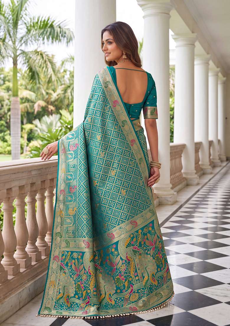 Sea Green Satin Saree Set with Embroidery for Diwali | Wedding & Festive Wear - Indya