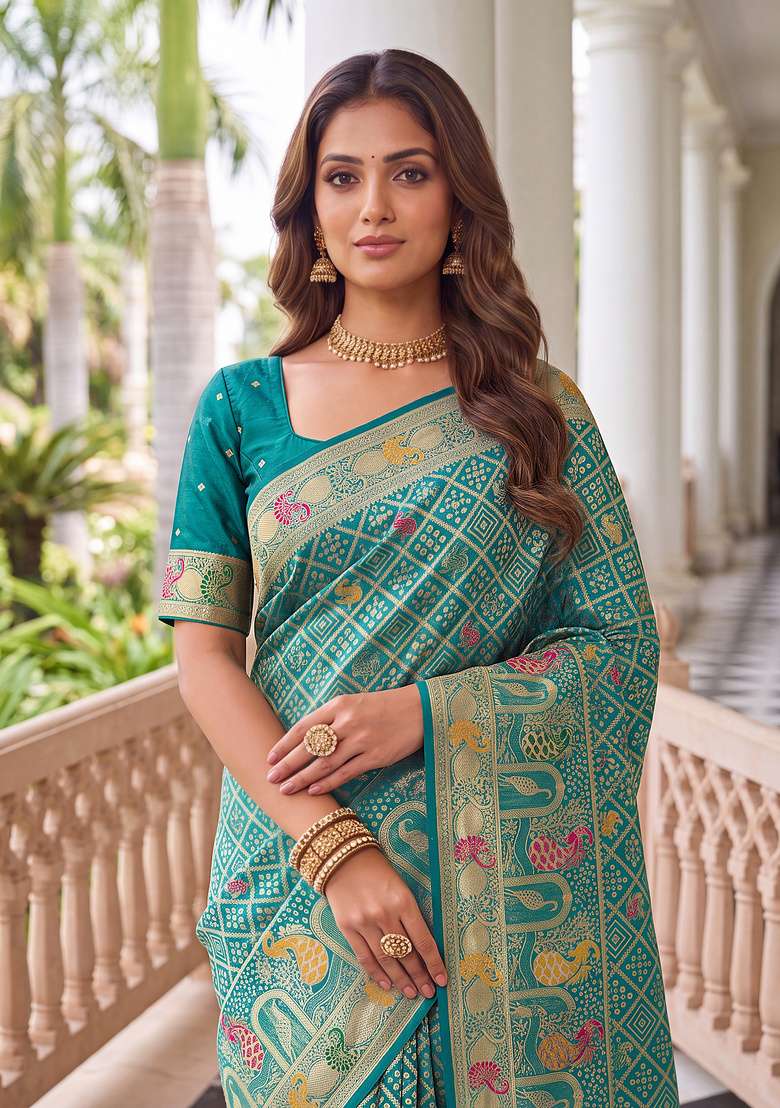 Sea Green Satin Saree Set with Embroidery for Diwali | Wedding & Festive Wear - Indya