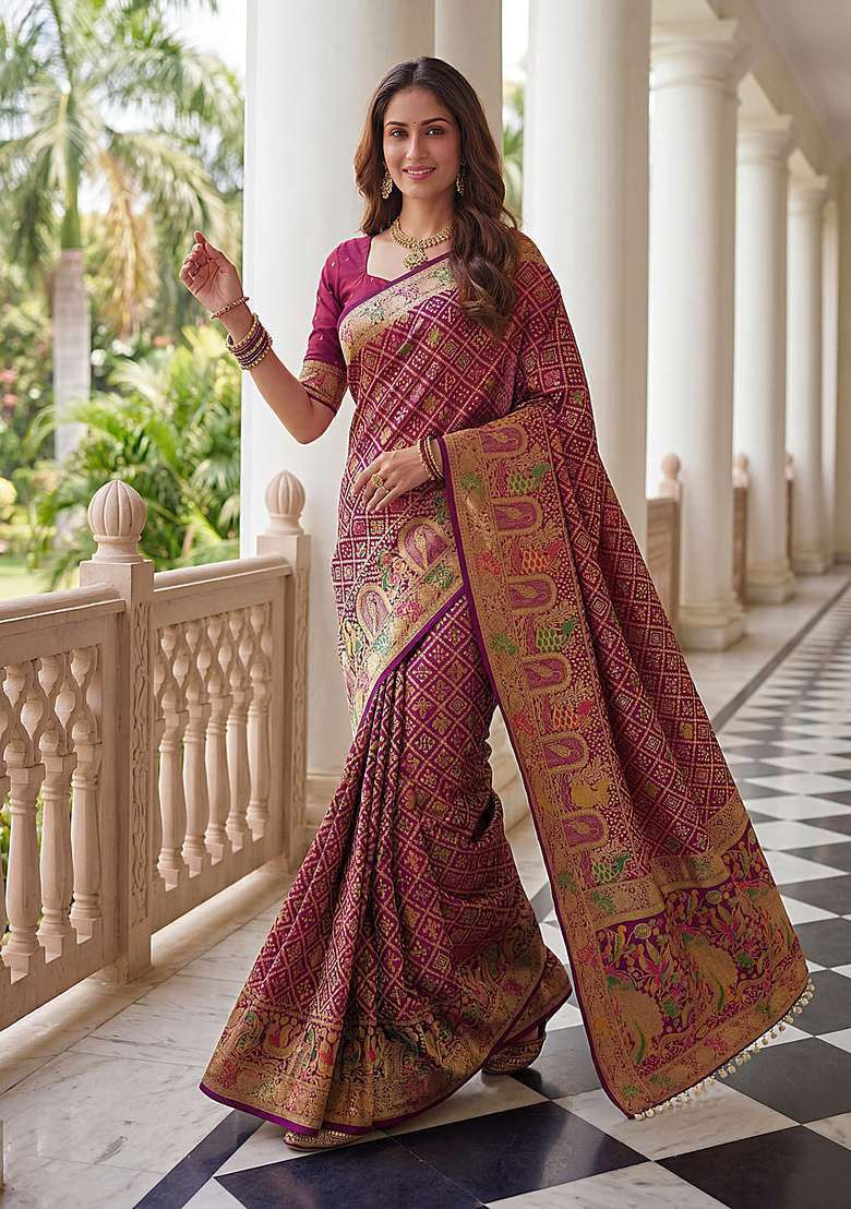 Wine Satin Saree Set with Embroidery for Diwali | Wedding & Festive Wear - Indya