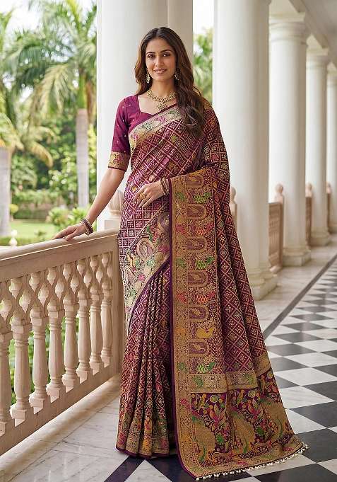 Wine Satin Saree Set with Embroidery for Diwali | Wedding & Festive Wear