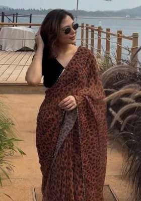 Brown Printed Georgette Saree Set for Diwali and Festive Wear