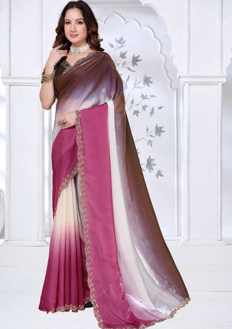 Pink Sequin Work Satin Saree Set for Diwali and Festive Wear - Indya