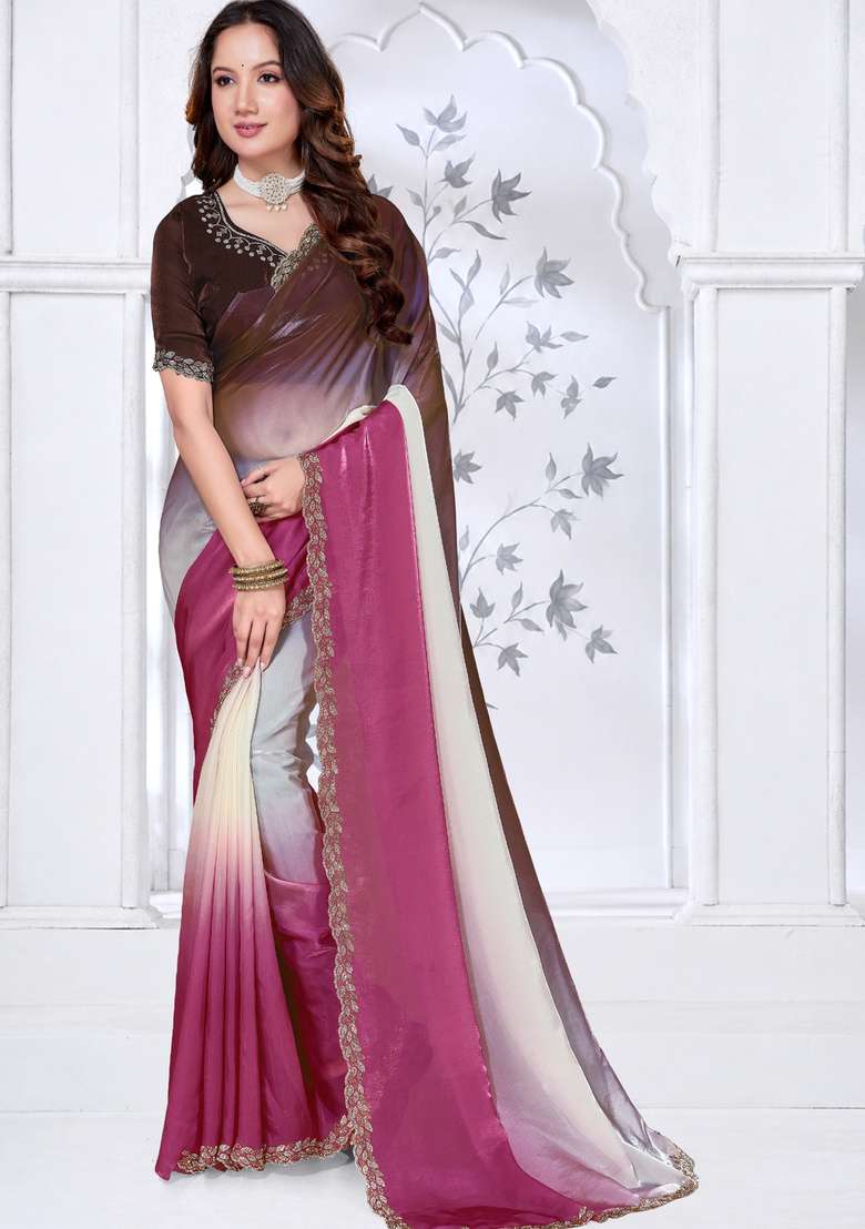 Pink Sequin Work Satin Saree Set for Diwali and Festive Wear - Indya