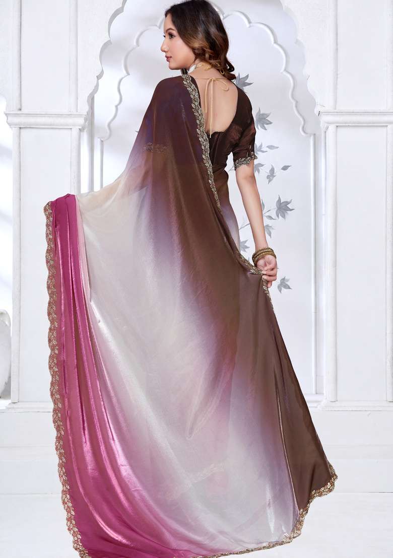 Pink Sequin Work Satin Saree Set for Diwali and Festive Wear - Indya