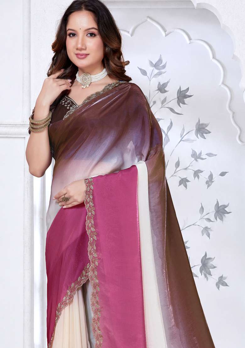 Pink Sequin Work Satin Saree Set for Diwali and Festive Wear - Indya