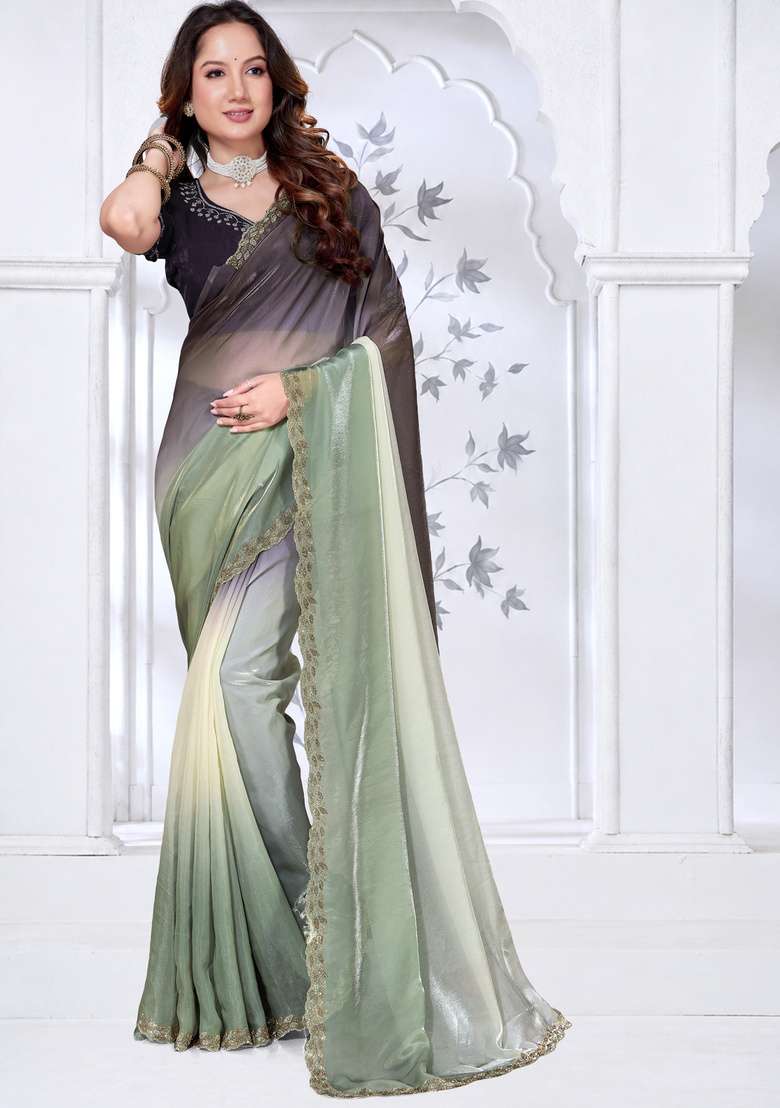 Green Sequin Work Satin Saree Set for Diwali and Festive Wear - Indya