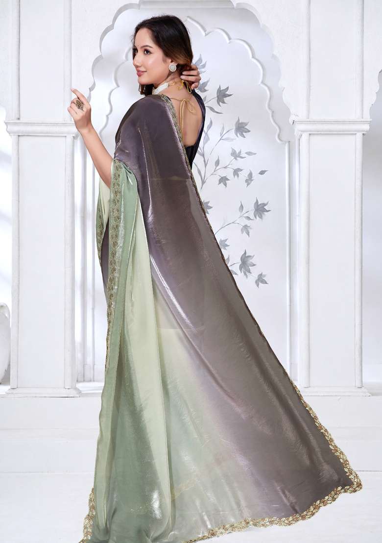 Green Sequin Work Satin Saree Set for Diwali and Festive Wear - Indya