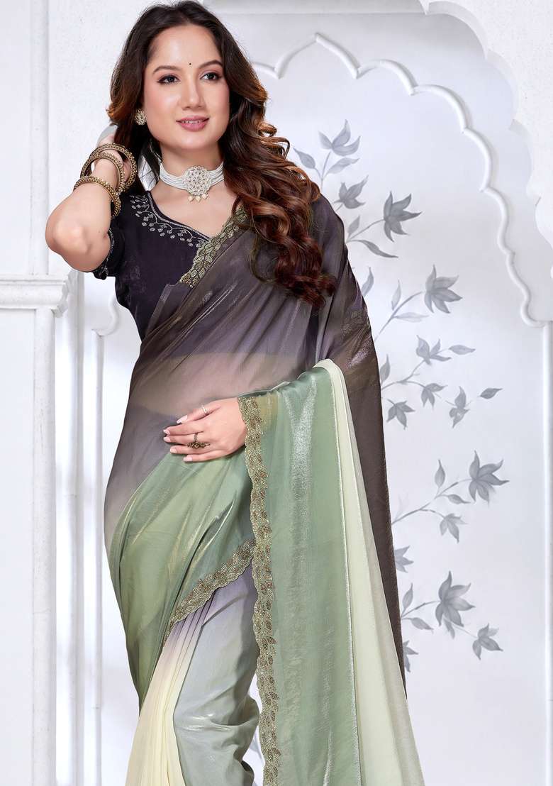 Green Sequin Work Satin Saree Set for Diwali and Festive Wear - Indya