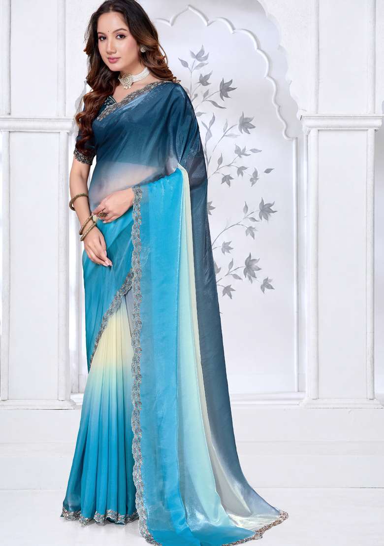 Sky Blue Sequin Work Satin Saree Set for Diwali and Festive Wear - Indya