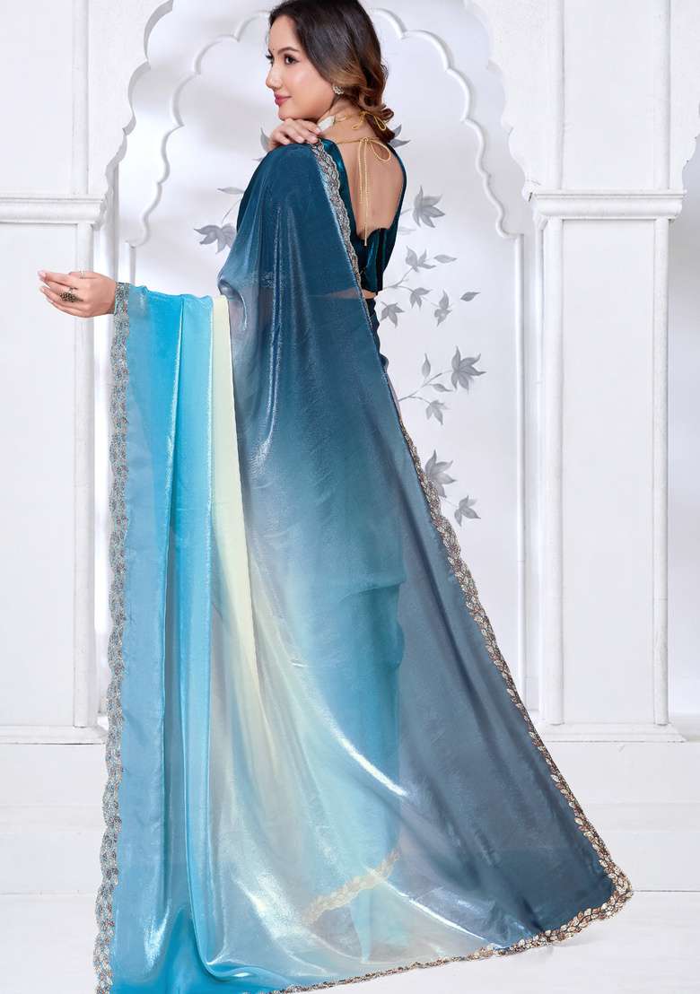 Sky Blue Sequin Work Satin Saree Set for Diwali and Festive Wear - Indya