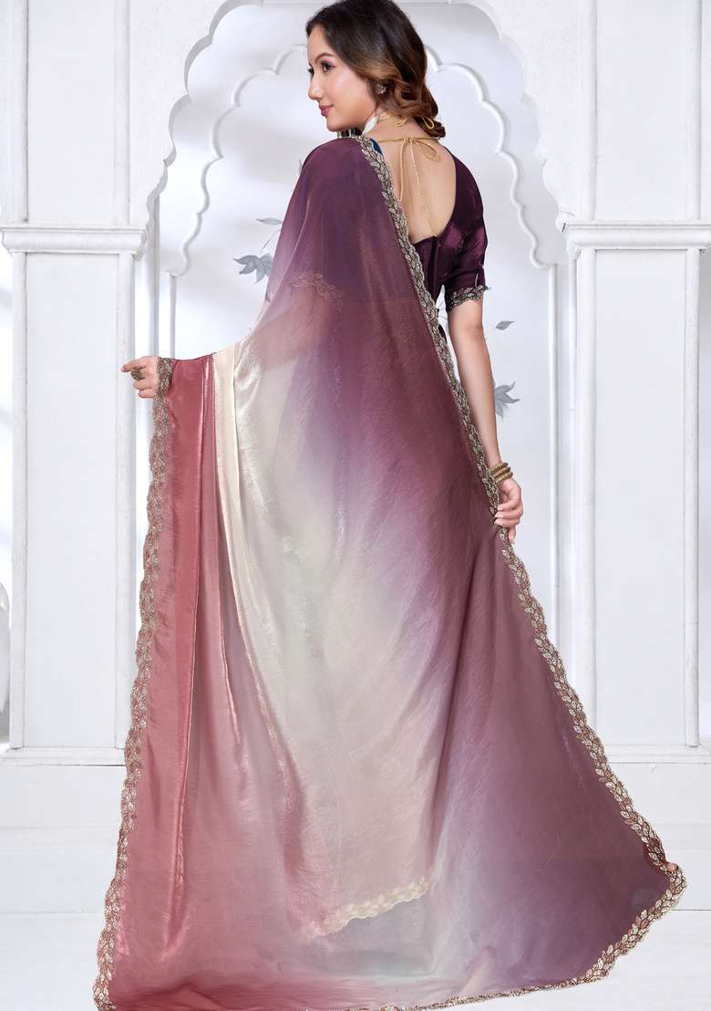 Multicolor Work Satin Saree Set with Sequin for Diwali | Wedding & Festive Wear - Indya