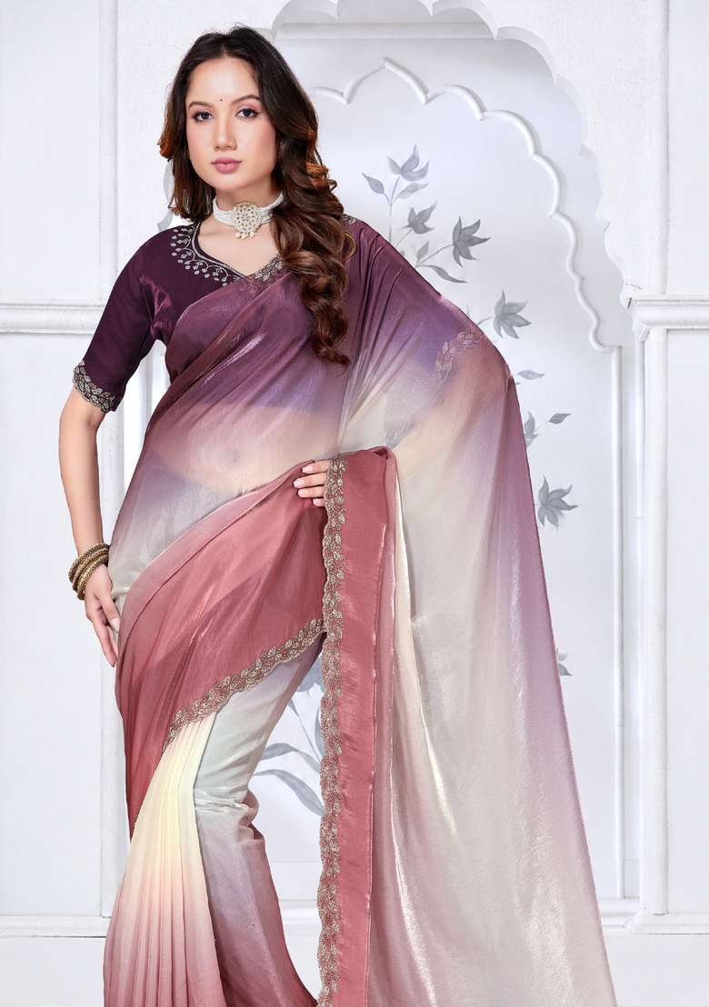 Multicolor Work Satin Saree Set with Sequin for Diwali | Wedding & Festive Wear - Indya