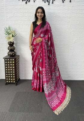 Rani Pink Satin Saree Set with Printed for Diwali | Wedding & Festive Wear
