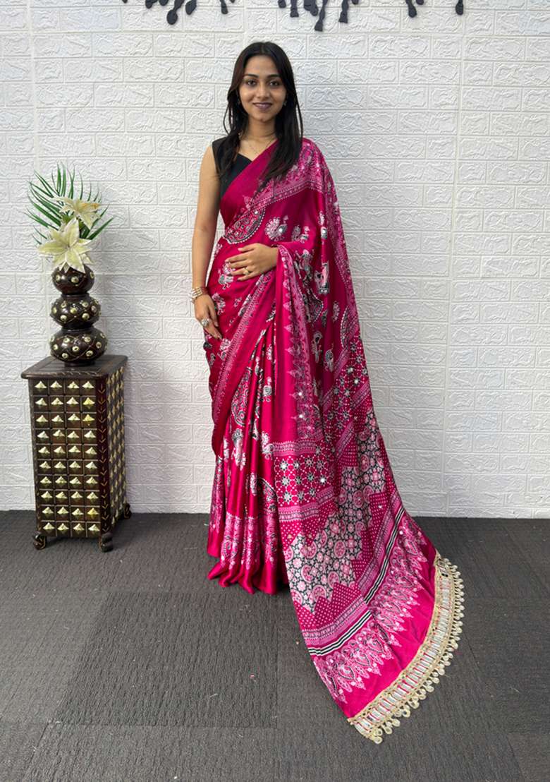 Rani Pink Satin Saree Set with Printed for Diwali | Wedding & Festive Wear - Indya