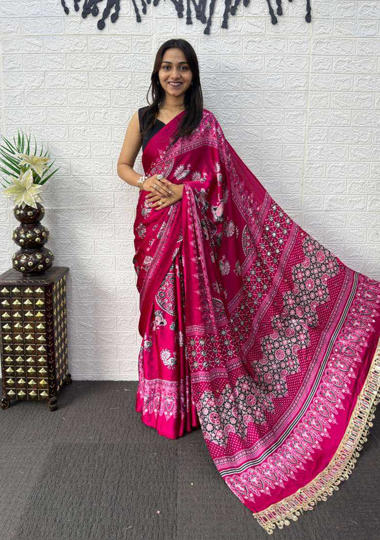 Rani Pink Satin Saree Set with Printed for Diwali | Wedding & Festive Wear - Indya