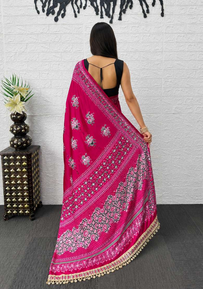 Rani Pink Satin Saree Set with Printed for Diwali | Wedding & Festive Wear - Indya
