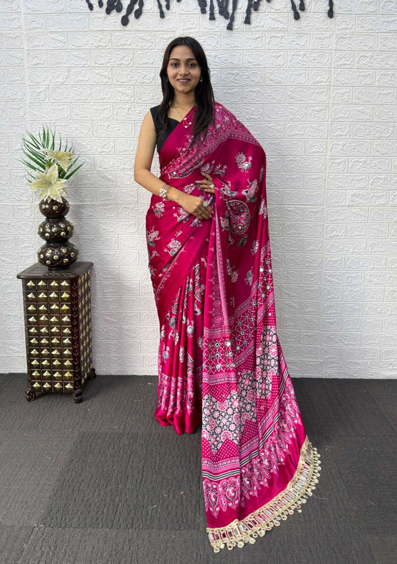 Rani Pink Satin Saree Set with Printed for Diwali | Wedding & Festive Wear - Indya
