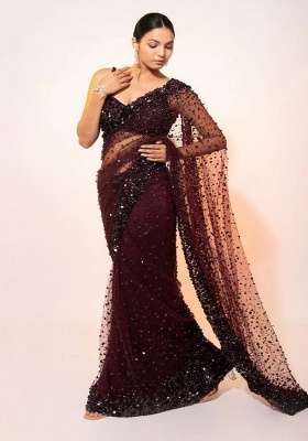 Dark Maroon Net Saree Set with Embroidered for Diwali | Wedding & Festive Wear