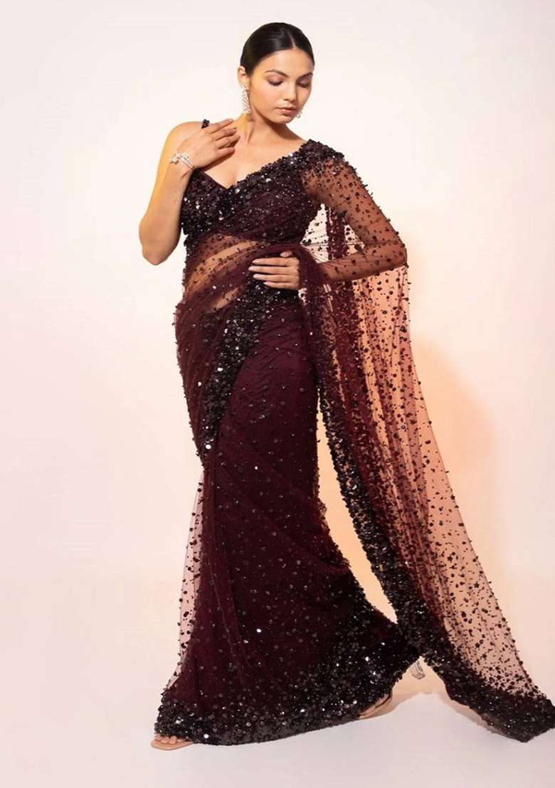 Dark Maroon Net Saree Set with Embroidered for Diwali | Wedding & Festive Wear - Indya