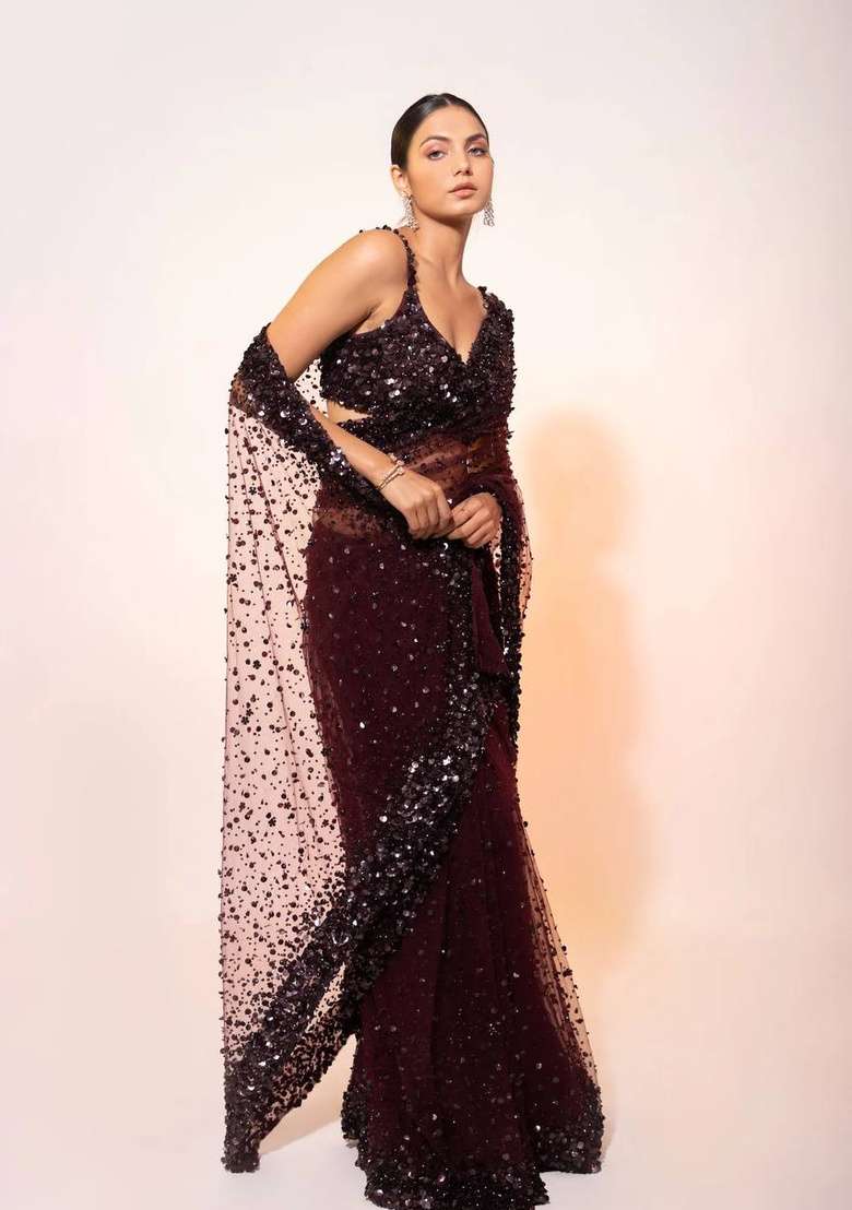 Dark Maroon Net Saree Set with Embroidered for Diwali | Wedding & Festive Wear - Indya