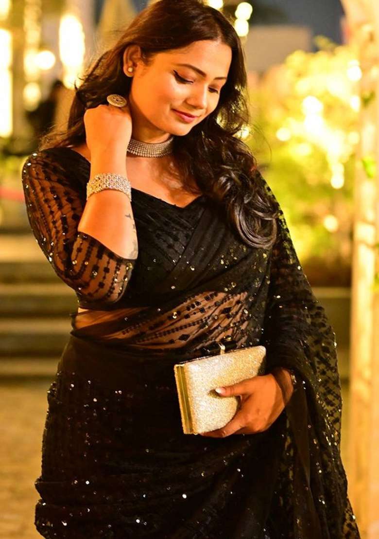 Black Embroidered Net Saree Set for Diwali and Festive Wear - Indya