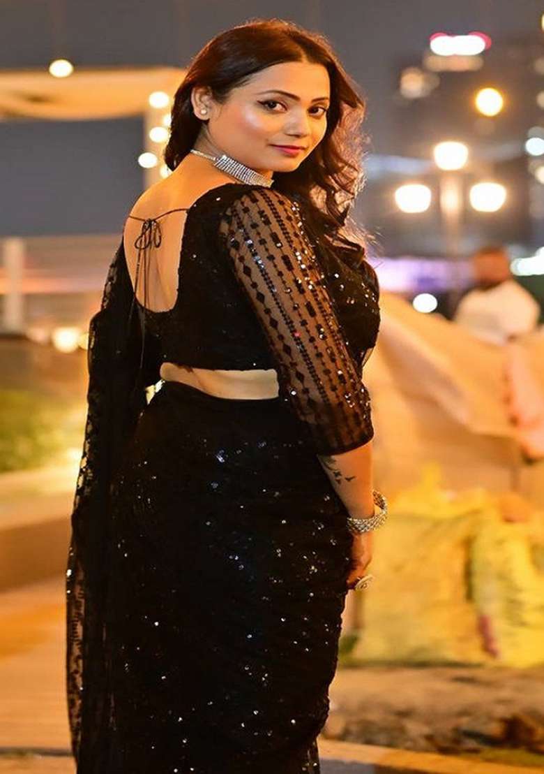 Black Embroidered Net Saree Set for Diwali and Festive Wear - Indya